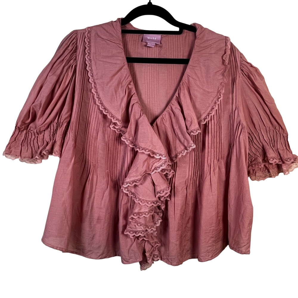 Muse Republic Clothing Dusty Rose Cotton Pintuck Ruffle Lace Blouse M Victorian